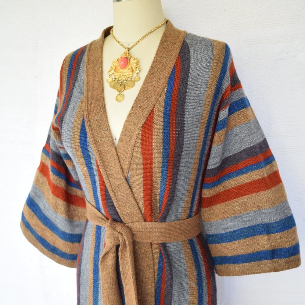 Vintage stripe hippie boho wrap kimono cowichan - Picture 5 of 8